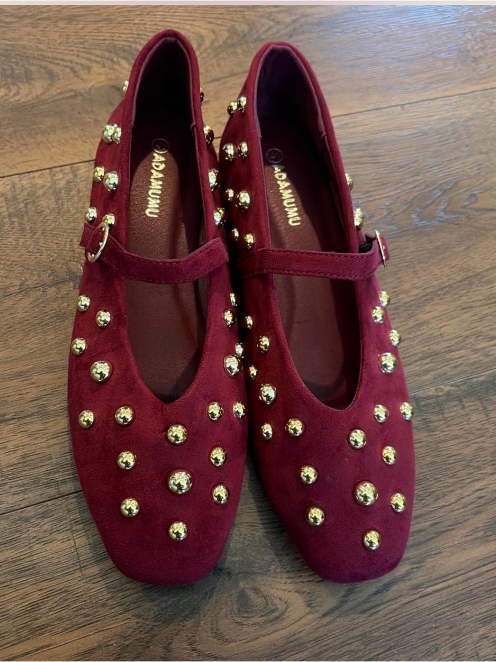 Women’s Burgundy Velvet Mary Jane Flats with Gold Stud Embellishments NEVER WORN